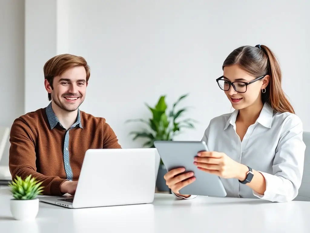 A split screen showing both an entrepreneur and an accountant collaborating on the Online-Brexx platform, emphasizing the seamless communication and data sharing capabilities.