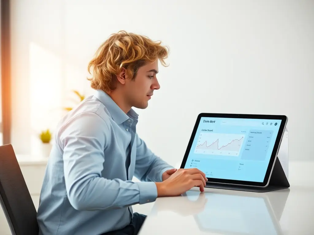 An entrepreneur reviewing key financial metrics on the Online-Brexx dashboard on a tablet, illustrating the platform's accessibility and user-friendly interface.