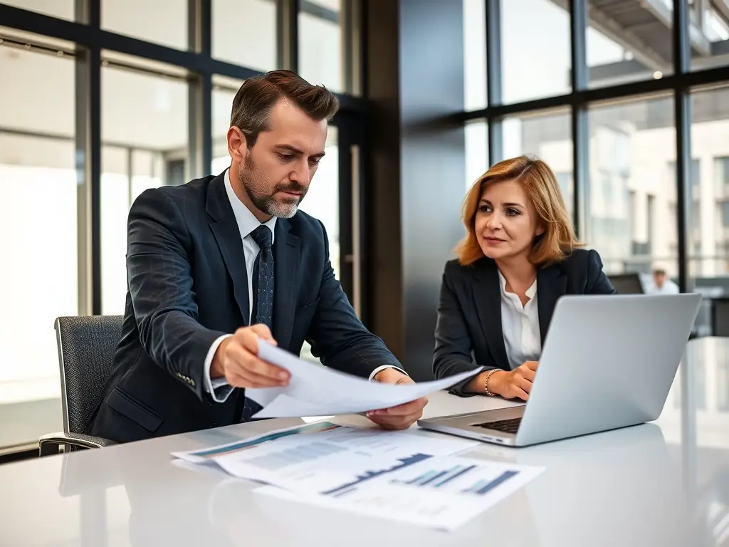 An accountant collaborating with a client on online-brexx, reviewing invoices and financial reports together in real-time.