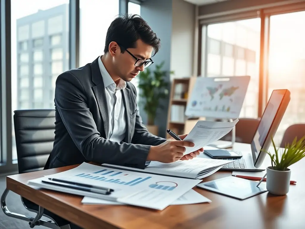 A professional accountant using Online-Brexx to review a client's financial data on a laptop in a modern office setting, showcasing the platform's ease of use and collaborative features.